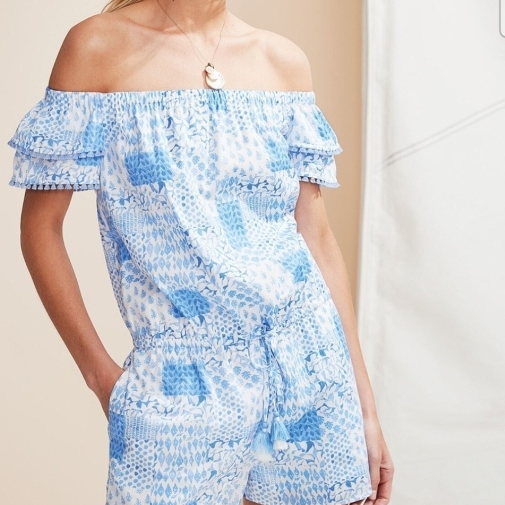 Vineyard Vines Off-Shoulder Patchwork Printed Romper Ruffle Sleeves Size M